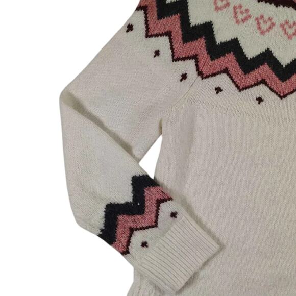 LOFT Women's Fairisle Heart Pullover Knit Crewneck Sweater Cream/Pink Size M - Picture 2 of 8